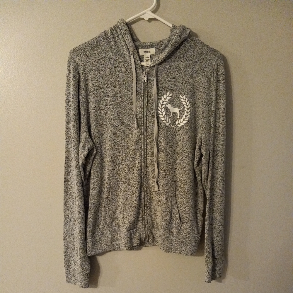 Women's Heathered Light Gray Victoria's Secret Pink Zip Front Hoodie Jacket Sz M